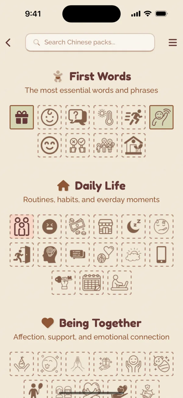 Packs of words by topic, each with its own icon